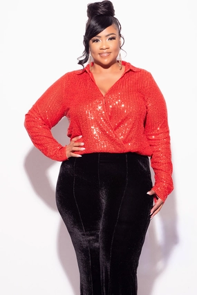 Final Sale Plus Size Long Sleeve Sequin Top Elastic At The Waist - Red Raw Edge Detail