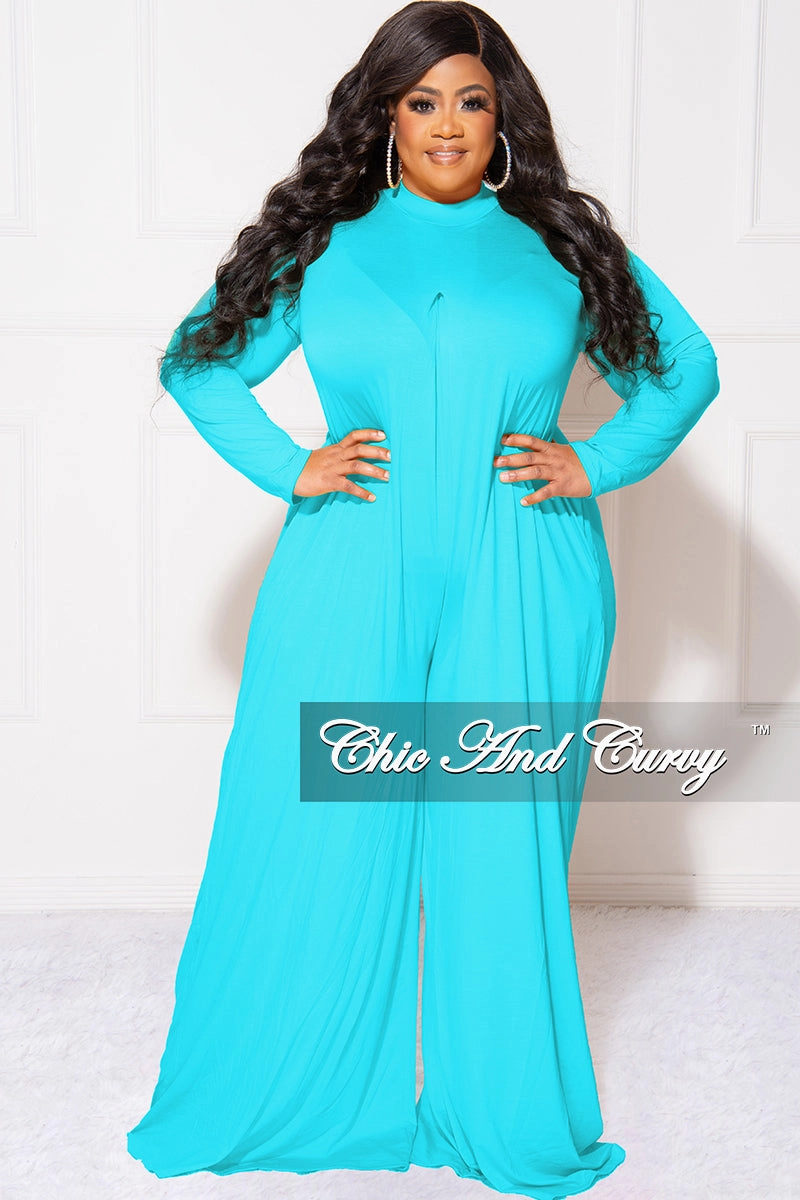Final Sale Plus Size Long Sleeve Wide Leg Jumpsuit in Turquoise Blue Breathable Comfort Fit