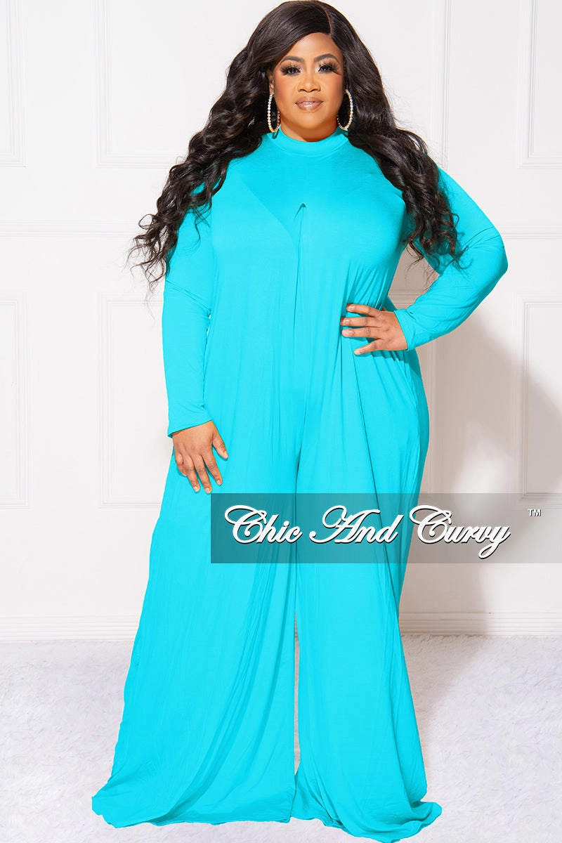 Versatile Layering Light Coverage Final Sale Plus Size Long Sleeve Wide Leg Jumpsuit in Turquoise Blue