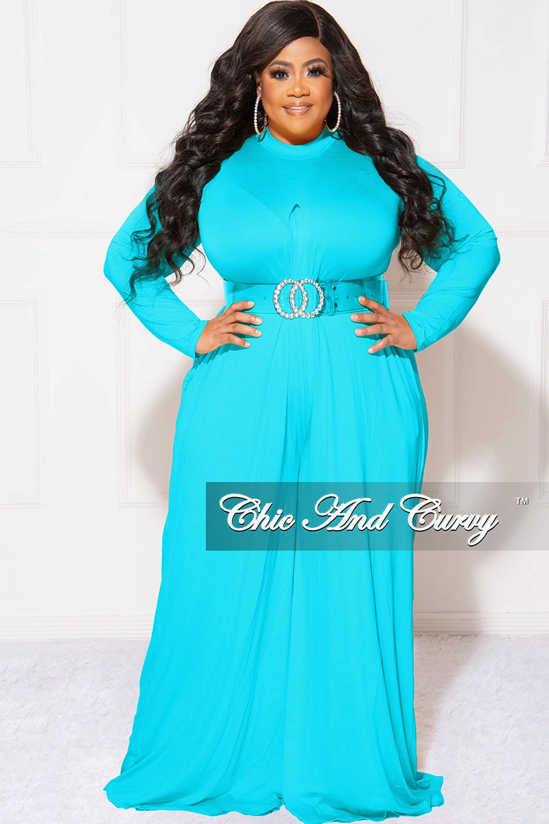 AbrasionResistantPanels Slim Profile Final Sale Plus Size Long Sleeve Wide Leg Jumpsuit in Turquoise Blue