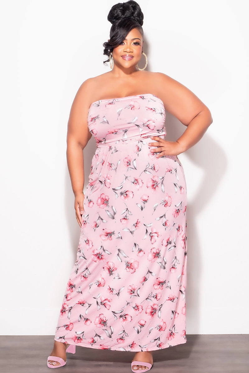 Final Sale Plus Size Long Tube Dress in Pink Floral Print NonRestrictiveFit Movement Support