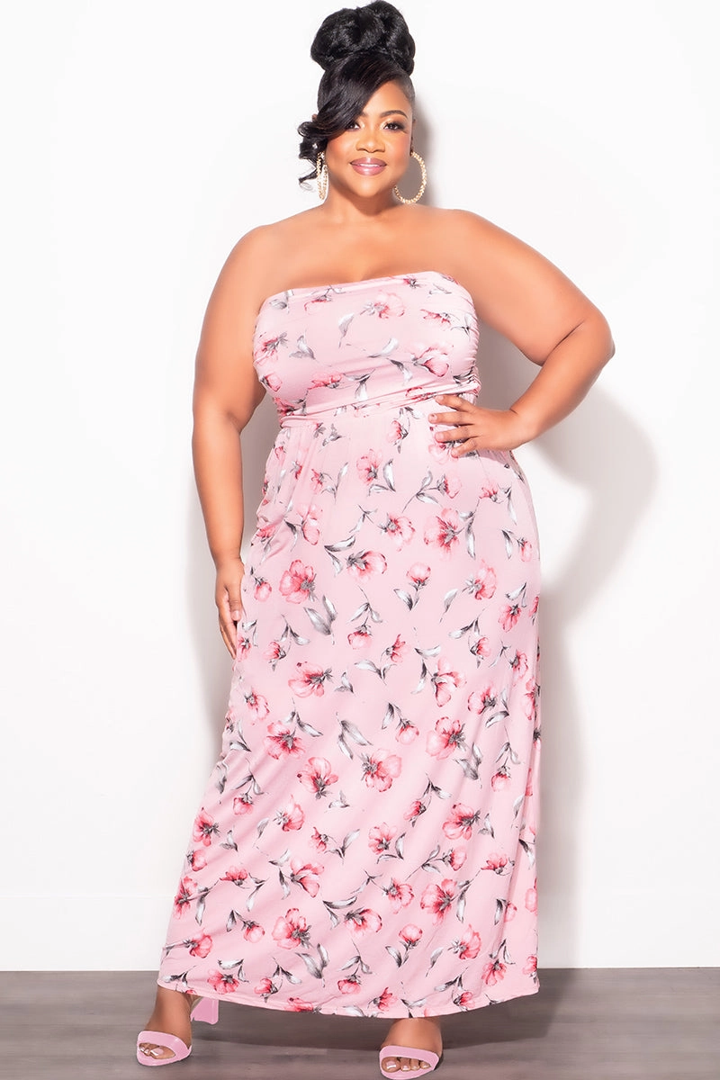 High Rise Design Full Motion Final Sale Plus Size Long Tube Dress in Pink Floral Print