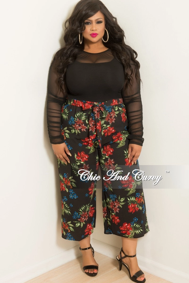 Low Profile Waistband Perfect Pair Final Sale Plus Size Loose Fitted Pants with Attached Tie in Black Floral Print