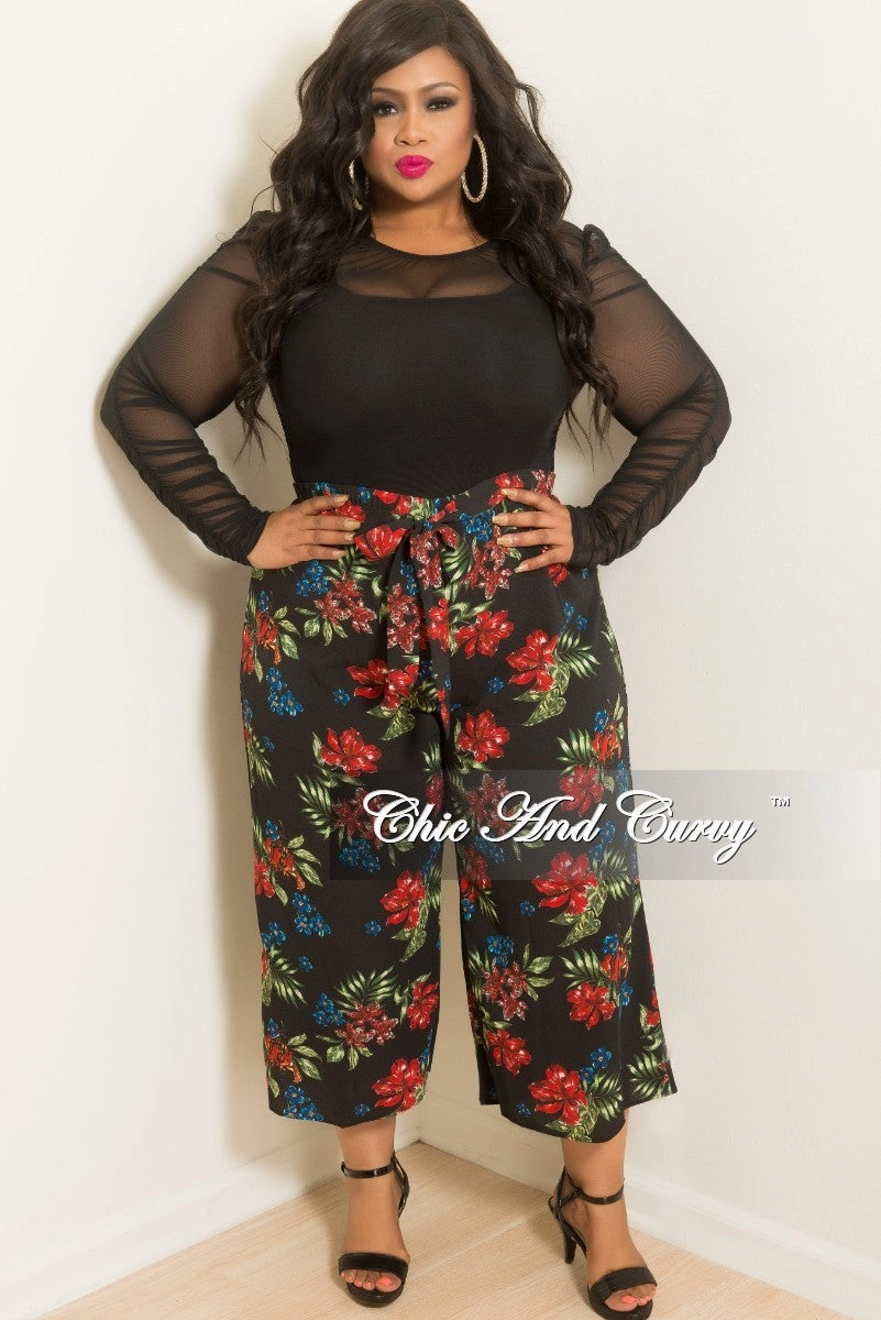 Final Sale Plus Size Loose Fitted Pants with Attached Tie in Black Floral Print Flexible Knees Everyday Ease