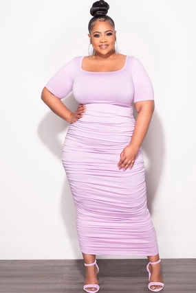 Final Sale Plus Size Maxi Dress with Ruching in Purple Lavender Sporty Comfort Wear Flattering Fit