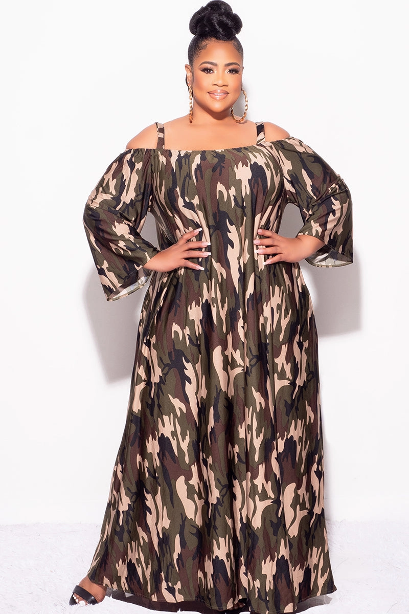 Stretchable Comfort Final Sale Plus Size Maxi Dress with Shoulder Straps in Camouflage