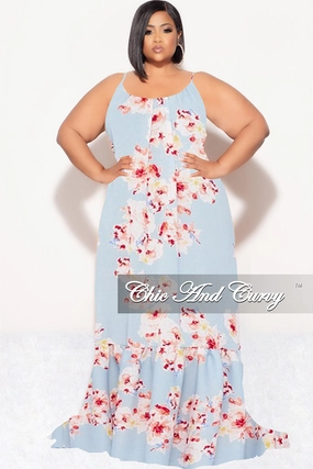Layer Ready Final Sale Plus Size Maxi Dress with Spaghetti Straps in Blue Floral Print