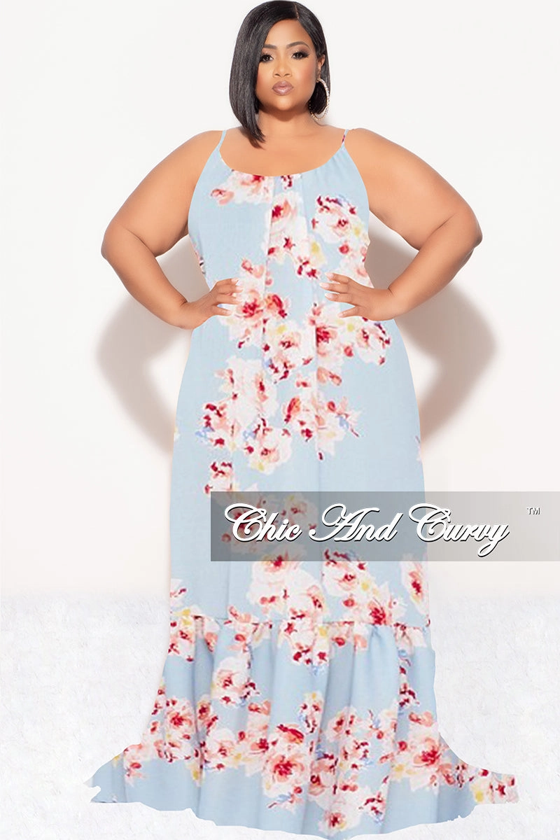 Clean Lines Final Sale Plus Size Maxi Dress with Spaghetti Straps in Blue Floral Print