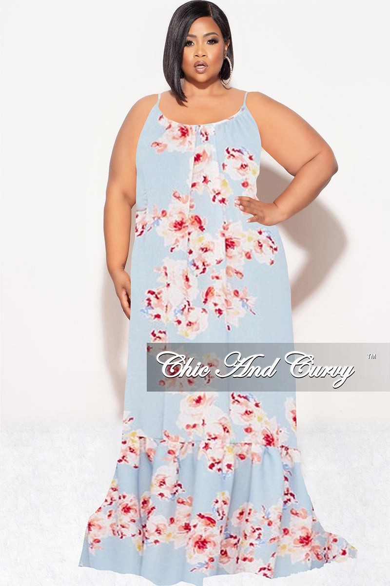 Final Sale Plus Size Maxi Dress with Spaghetti Straps in Blue Floral Print Smart Layer No Ride