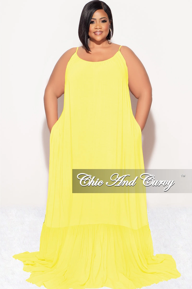 Final Sale Plus Size Maxi Dress with Spaghetti Straps in Yellow Weather Flex Utility pocket