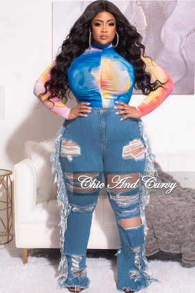 Tough Stretch Rest Easy Final Sale Plus Size Mesh Bodysuit with Middle Ruching in Multi-Color Sunrise Print