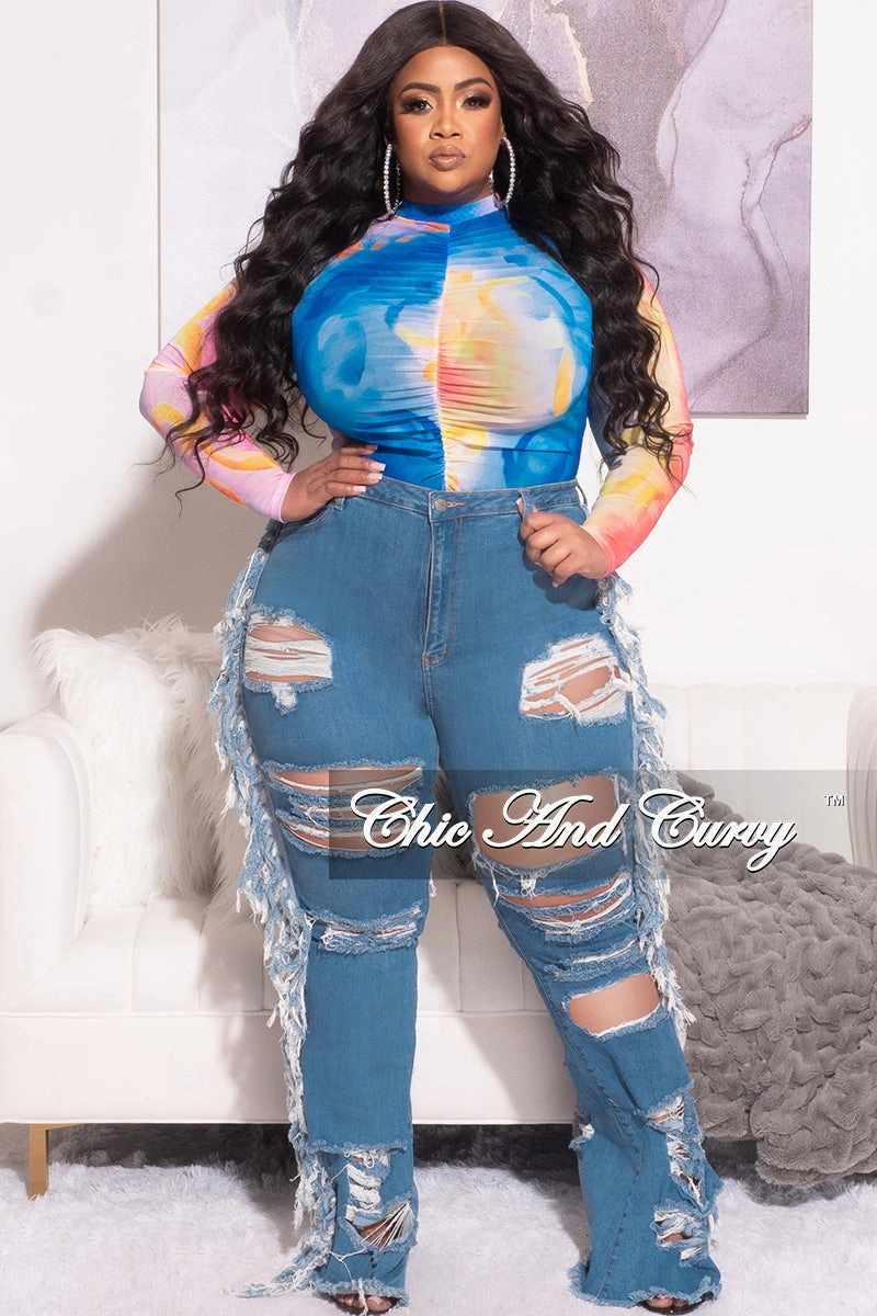 Flatlock Seams Stretch Motion Final Sale Plus Size Mesh Bodysuit with Middle Ruching in Multi-Color Sunrise Print