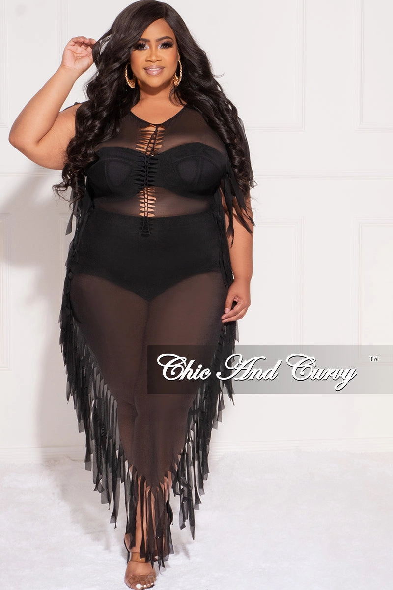 Final Sale Plus Size Mesh Cover-Up Dress with Cutout Front and Fringe Trim in Black stain guard Perfectly Fit