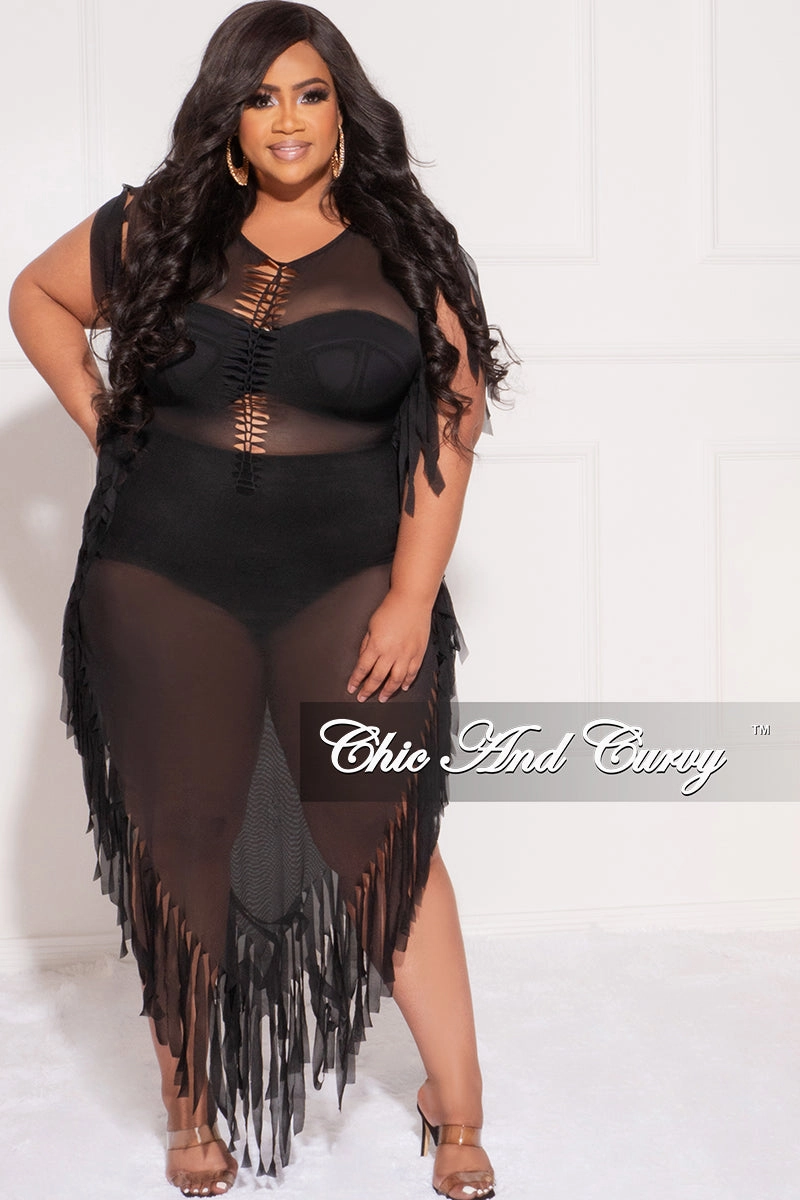 Final Sale Plus Size Mesh Cover-Up Dress with Cutout Front and Fringe Trim in Black Core Essential Formal Look