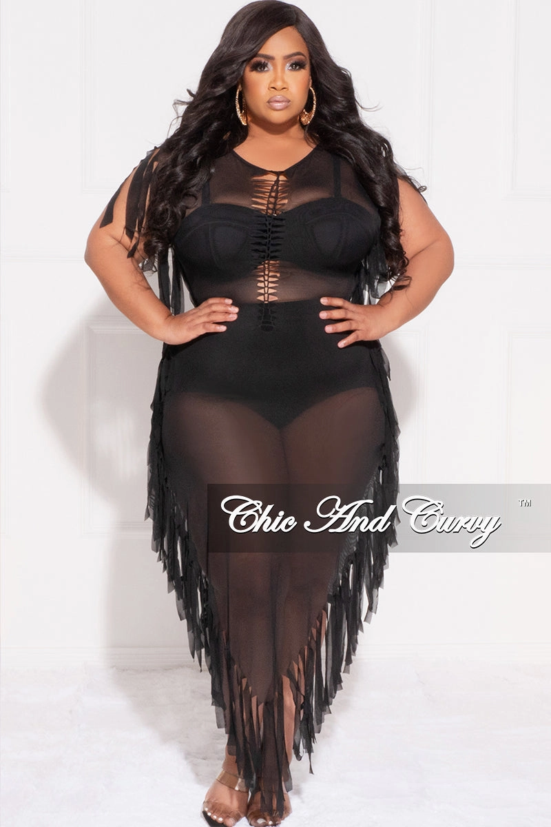 Decorative stitching Final Sale Plus Size Mesh Cover-Up Dress with Cutout Front and Fringe Trim in Black