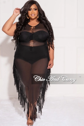 Final Sale Plus Size Mesh Cover-Up Dress with Cutout Front and Fringe Trim in Black stain guard Perfectly Fit