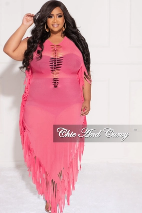 Final Sale Plus Size Mesh Cover-Up Dress with Cutout Front and Fringe Trim in Hot Pink Relaxed Fit Design Movement Comfort