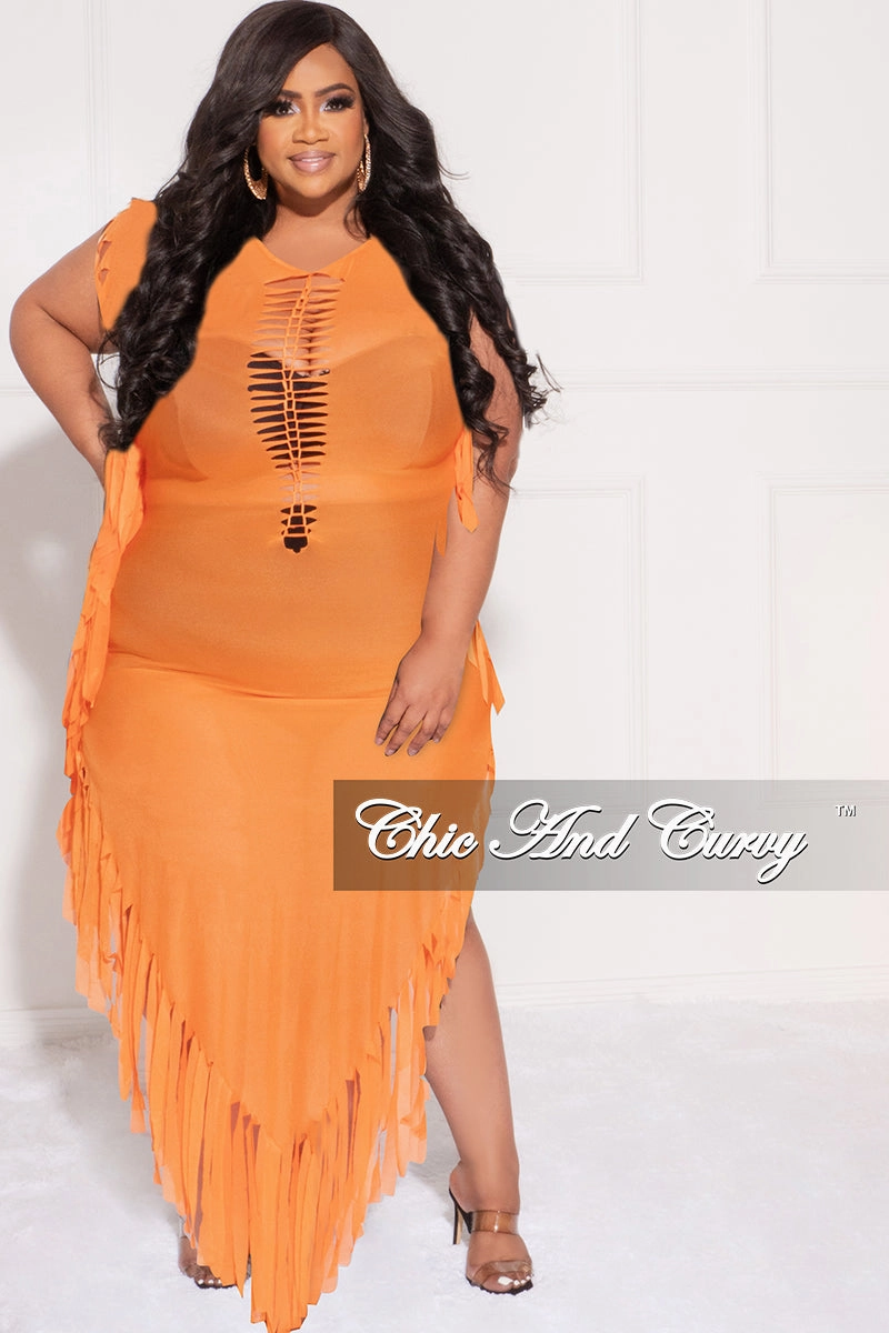 Final Sale Plus Size Mesh Cover-Up Dress with Cutout Front and Fringe Trim in Orange Performance Stretch Comfy Texture