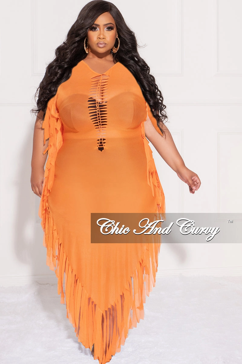 Stylish Comfort Final Sale Plus Size Mesh Cover-Up Dress with Cutout Front and Fringe Trim in Orange