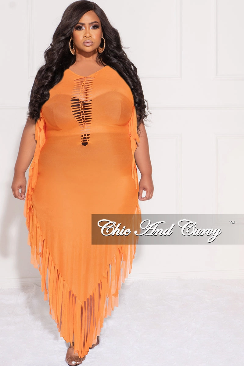 Chilly Day Comfort Final Sale Plus Size Mesh Cover-Up Dress with Cutout Front and Fringe Trim in Orange