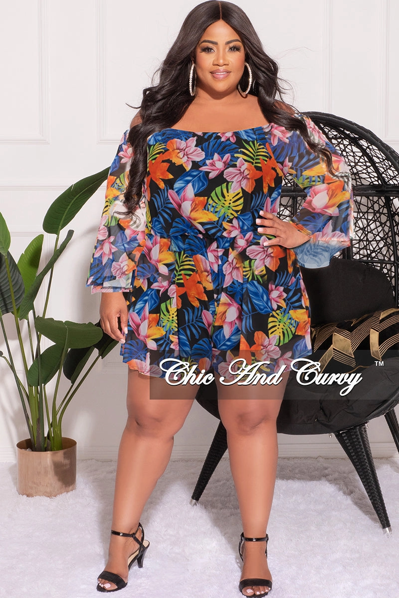 Functional Design Final Sale Plus Size Mesh Off the Shoulder Bell Sleeve Romper in Black