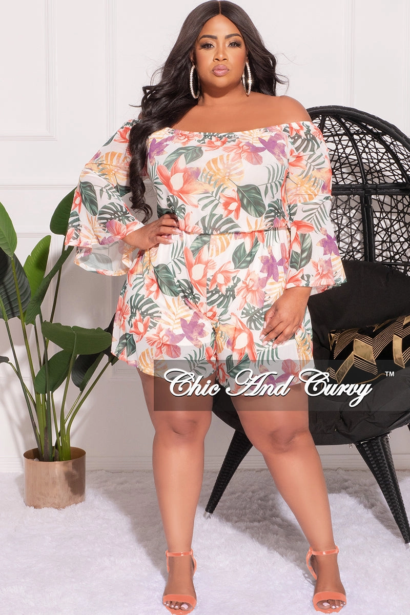 Final Sale Plus Size Mesh Off the Shoulder Bell Sleeve Romper in White Floral Print FlexibleKneePanels