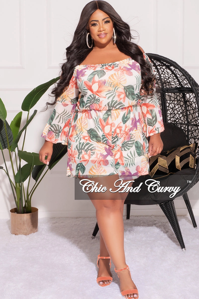 Final Sale Plus Size Mesh Off the Shoulder Bell Sleeve Romper in White Floral Print Reinforced Stitching