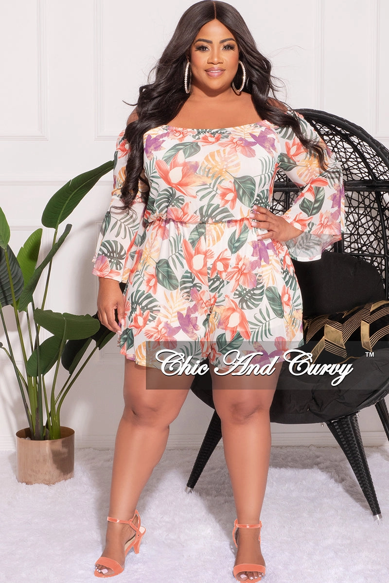 Final Sale Plus Size Mesh Off the Shoulder Bell Sleeve Romper in White Floral Print Easy Care Fabric
