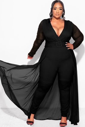 Fade Resistant Treatment Final Sale  Plus Size Mesh Ruched Sleeve Jumpsuit with Attached Long Skirt in Black