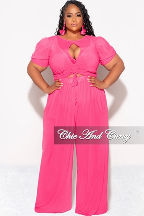 Ventilated Panels Active Design Final Sale Plus Size Mesh (See Through) 3pc Set Top, Bralette, & Pant with Briefs in Fuchsia