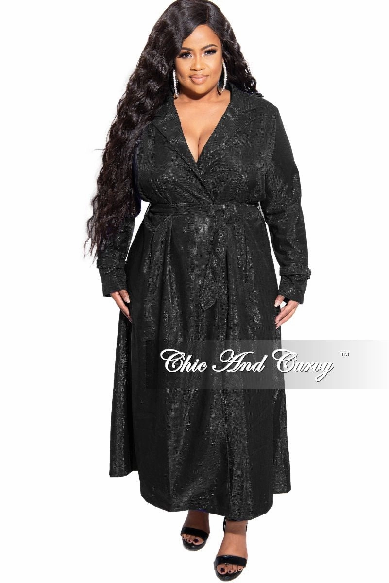 Layering Piece Final Sale Plus Size Metallic Collar Dress / Trench Coat with Belt in Black