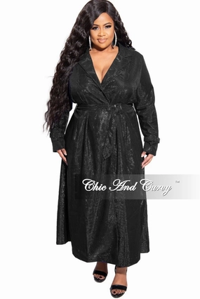 Final Sale Plus Size Metallic Collar Dress / Trench Coat with Belt in Black Light Fabric
