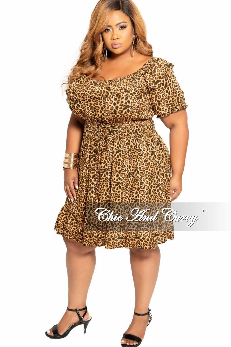 Final Sale Plus Size Off the Shoulder Dress with Corset Waist in Leopard Print Snug Waist
