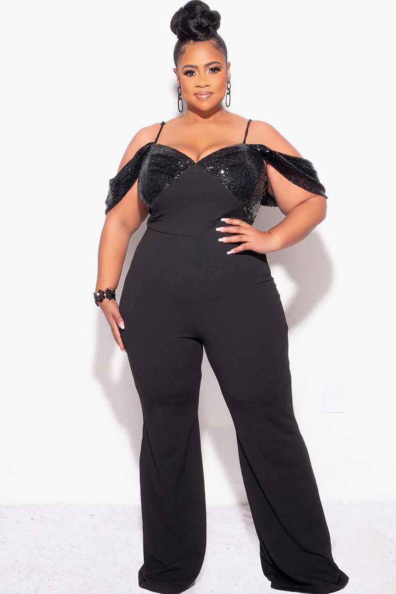 Final Sale Plus Size Off The Shoulder Faux Wrap Sequin Jumpsuit Black Work efficiency