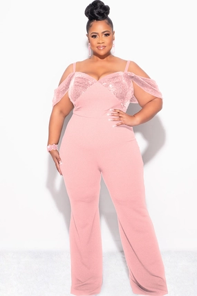 QuickDry Textile Final Sale Plus Size Off The Shoulder Faux Wrap Sequin Jumpsuit Mauve Pink