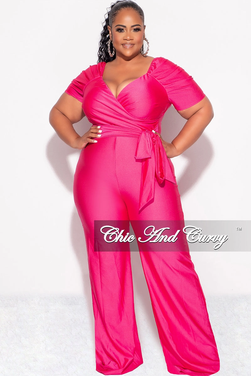 Final Sale Plus Size Off the Shoulder Faux Wrap Shiny Jumpsuit In Pink Relaxed Sweatshirt ContrastStitching