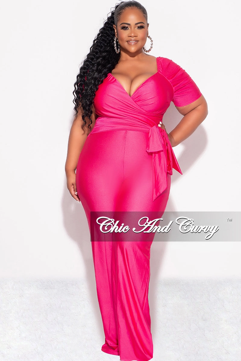Outdoor Essentials Final Sale Plus Size Off the Shoulder Faux Wrap Shiny Jumpsuit In Pink