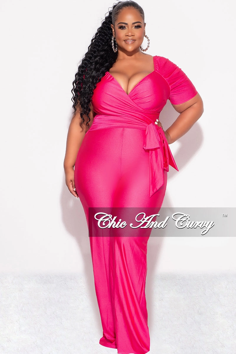 Low Profile Zipper Closure Final Sale Plus Size Off the Shoulder Faux Wrap Shiny Jumpsuit In Pink