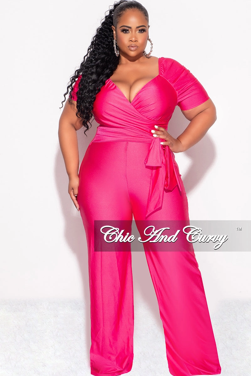 Final Sale Plus Size Off the Shoulder Faux Wrap Shiny Jumpsuit In Pink NonScratchyLining OdorControl Technology