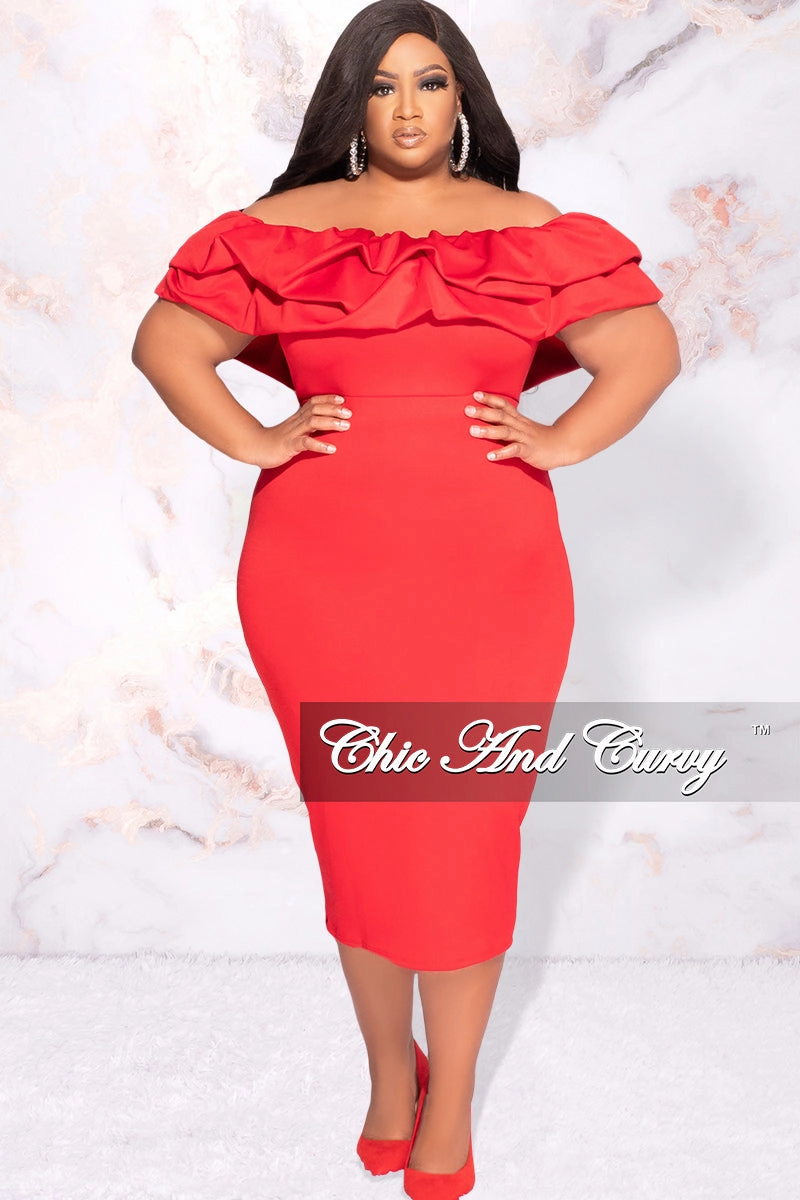 DoubleStitchedHem Ribbed Collar Style Final Sale Plus Size Off the Shoulder Ruffle BodyCon Dress in Red