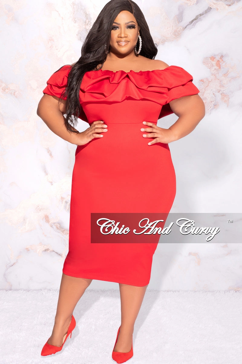 Final Sale Plus Size Off the Shoulder Ruffle BodyCon Dress in Red QuickDry Performance LongWearingComfort