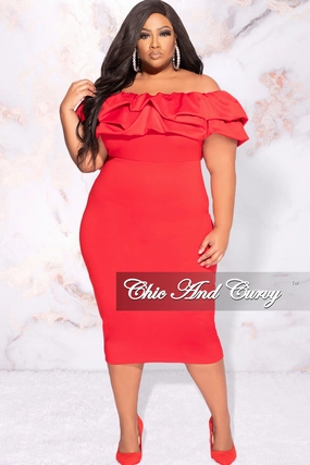 Final Sale Plus Size Off the Shoulder Ruffle BodyCon Dress in Red VentilatedArmholes