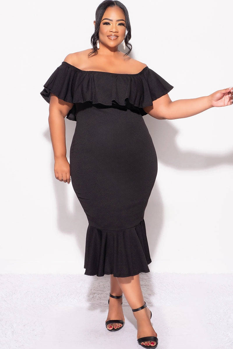 ZipperedPockets Final Sale Plus Size Off the Shoulder Ruffle Dress in Black