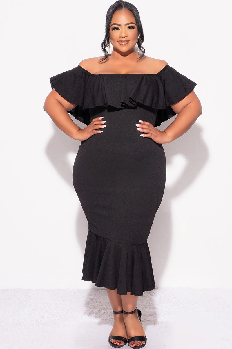 Final Sale Plus Size Off the Shoulder Ruffle Dress in Black HighStretchElastic Moisture Management