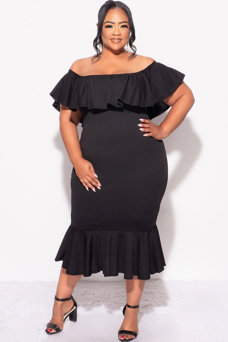 Final Sale Plus Size Off the Shoulder Ruffle Dress in Black Anti Perspiration Lining Vintage Style