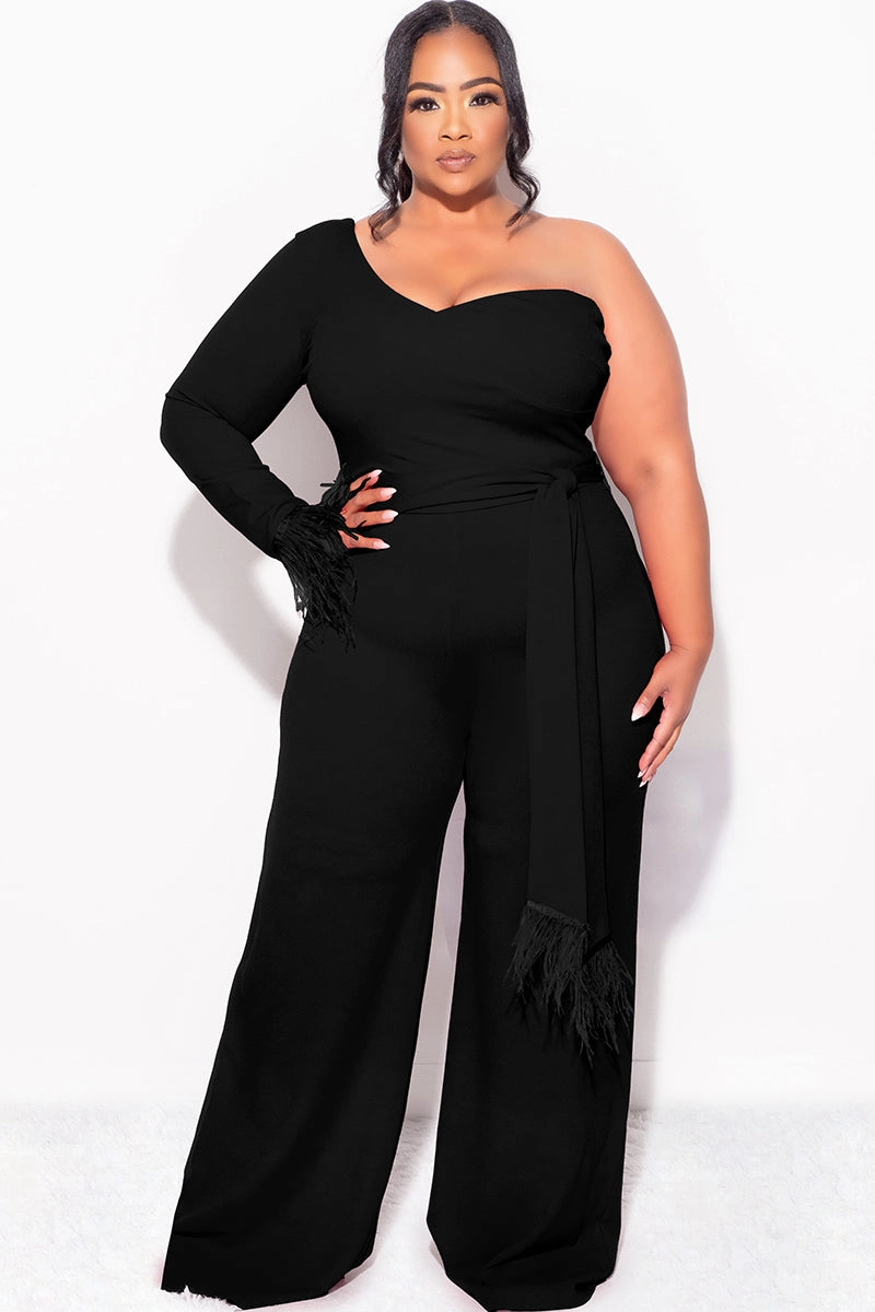 Final Sale Plus Size One Shoulder Long Sleeve Feather Cuff Jumpsuit with Tie in Black Soft Brushed Finish hypoallergenic material