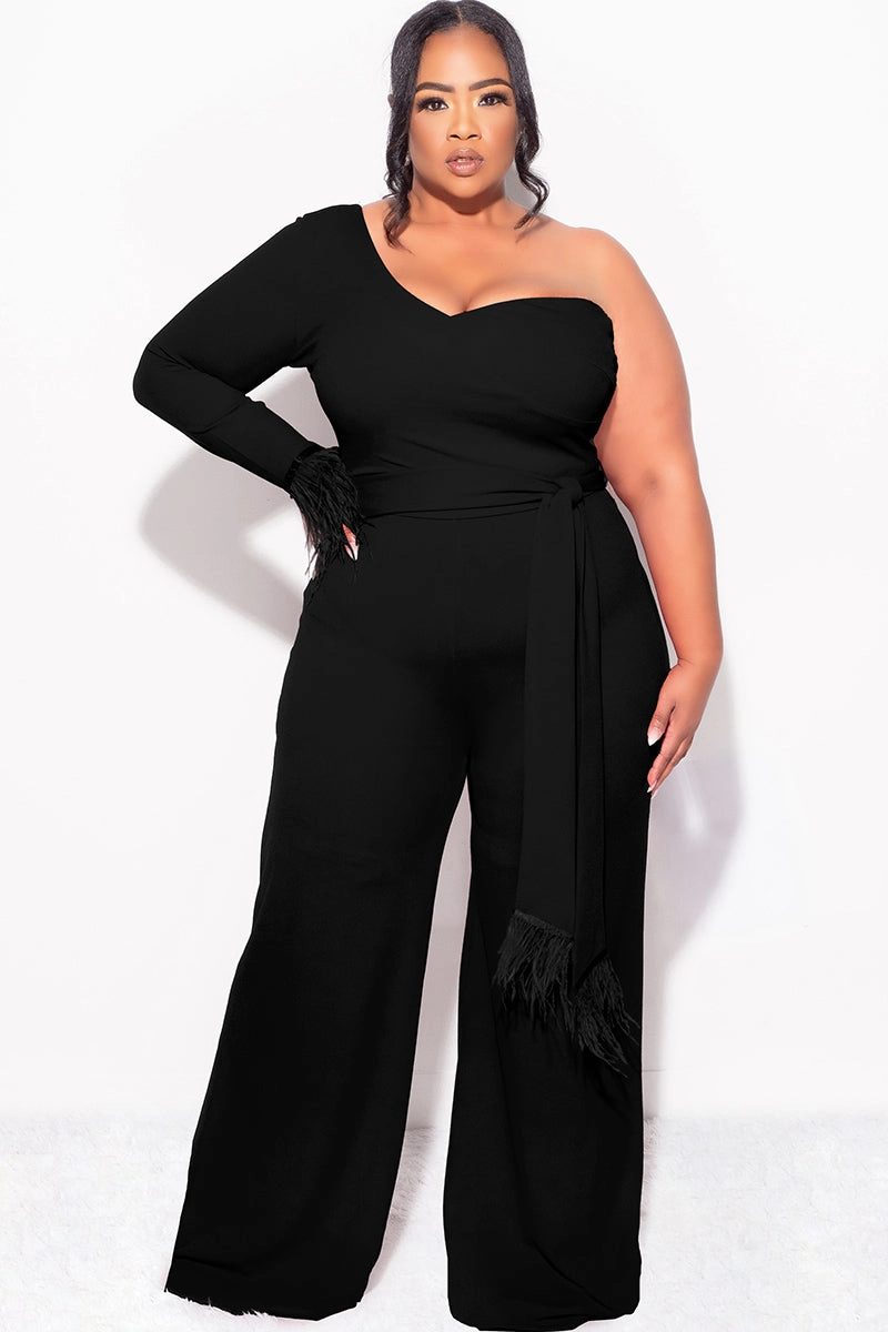Quick Dry Fabric Practical Wear Final Sale Plus Size One Shoulder Long Sleeve Feather Cuff Jumpsuit with Tie in Black