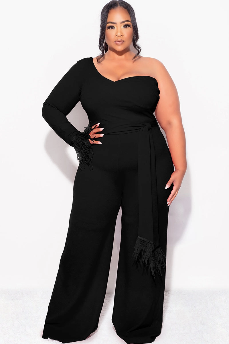 FadeResistant Universal Silhouette Final Sale Plus Size One Shoulder Long Sleeve Feather Cuff Jumpsuit with Tie in Black