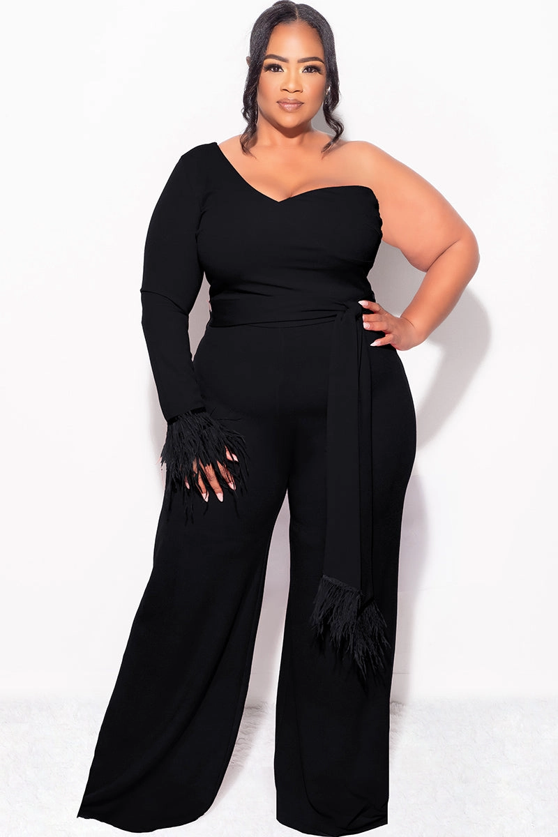 Final Sale Plus Size One Shoulder Long Sleeve Feather Cuff Jumpsuit with Tie in Black HypoallergenicConstruction