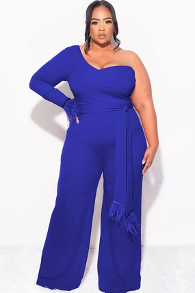 Flexible Ribbed Cuffs Final Sale Plus Size One Shoulder Long Sleeve Feather Cuff Jumpsuit with Tie in Royal Blue